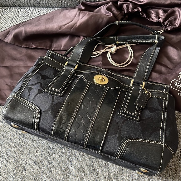 Coach Hampton Black C Monogram Leather/Canvas Satchel Handbag - Picture 7 of 15
